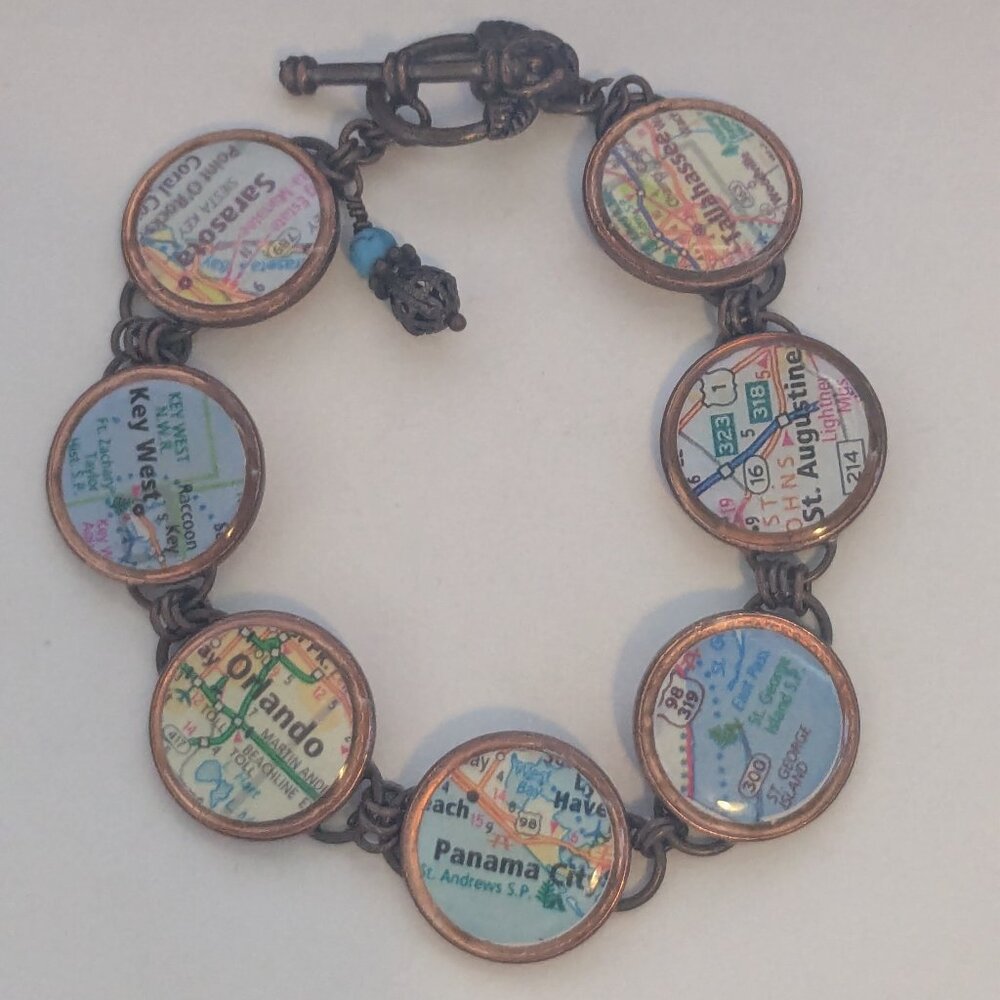 Artisan Copper Penny Resin Map of Florida Cities Toggle Clasp Bracelet